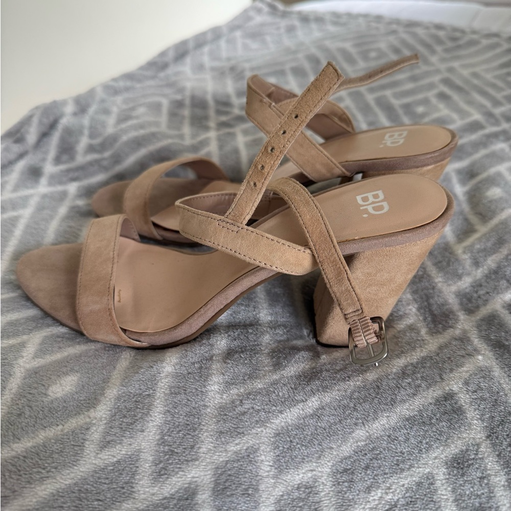 BP Women's Beige Suede Block Heel Sandals
